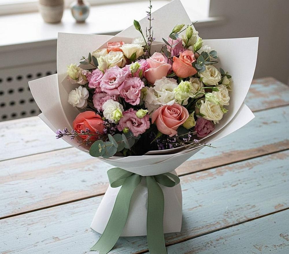 Букет цветов из: Розы, Лизиантусы и Гвоздики в Зимней Ставке