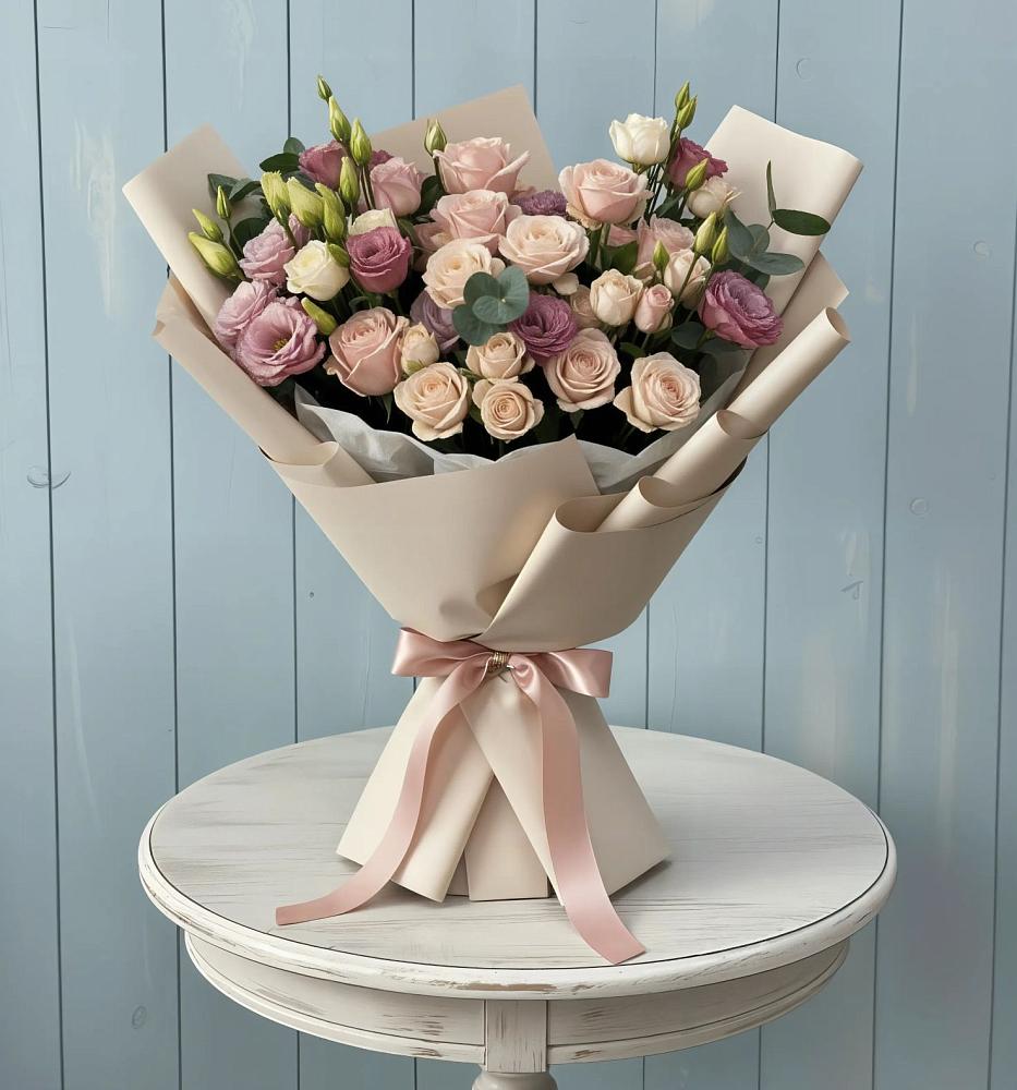 Букет цветов из: Розы и Лизиантусы в Зимней Ставке