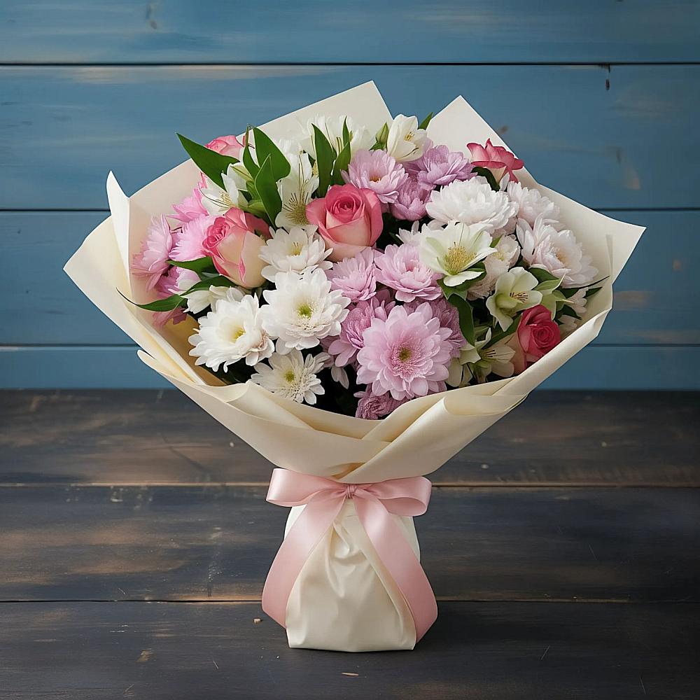 Букет цветов из: Хризантемы, Альстромерии и Розы в Зимней Ставке